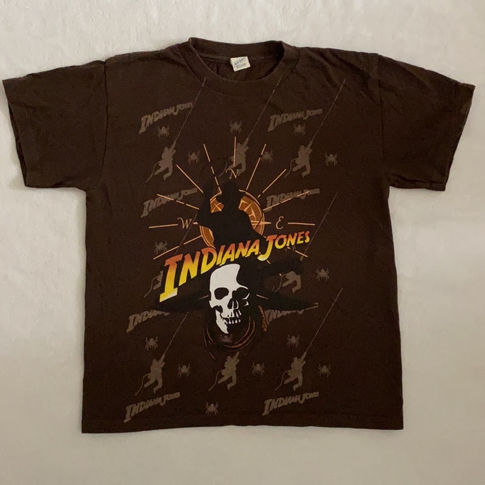 {VTG} Indiana Jones | Movie Logo Spellout Compass Skull Graphic Cotton T-Shirt